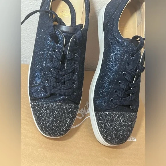 ❌SOLD❌ Christian Louboutin Navy Louis Junior Crystals Low-Top Sneakers SZ 47EU - Picture 6 of 12
